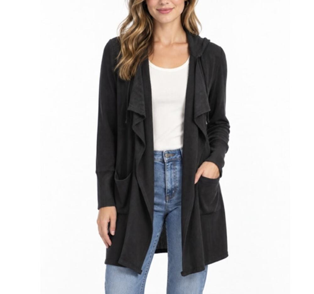 Chaser NWT Black Hooded Open Front Ribbed Cardigan Duster Medium
